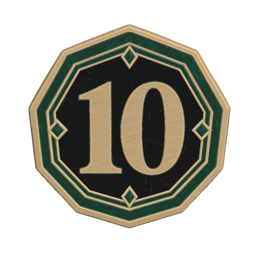 A gold 10 on a black decagon