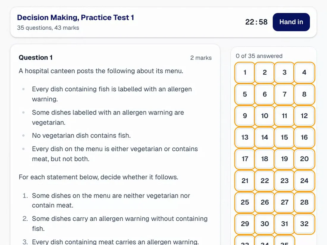 A recording of a Decision Making set: Yes or No chosen for each statement while the timer runs.