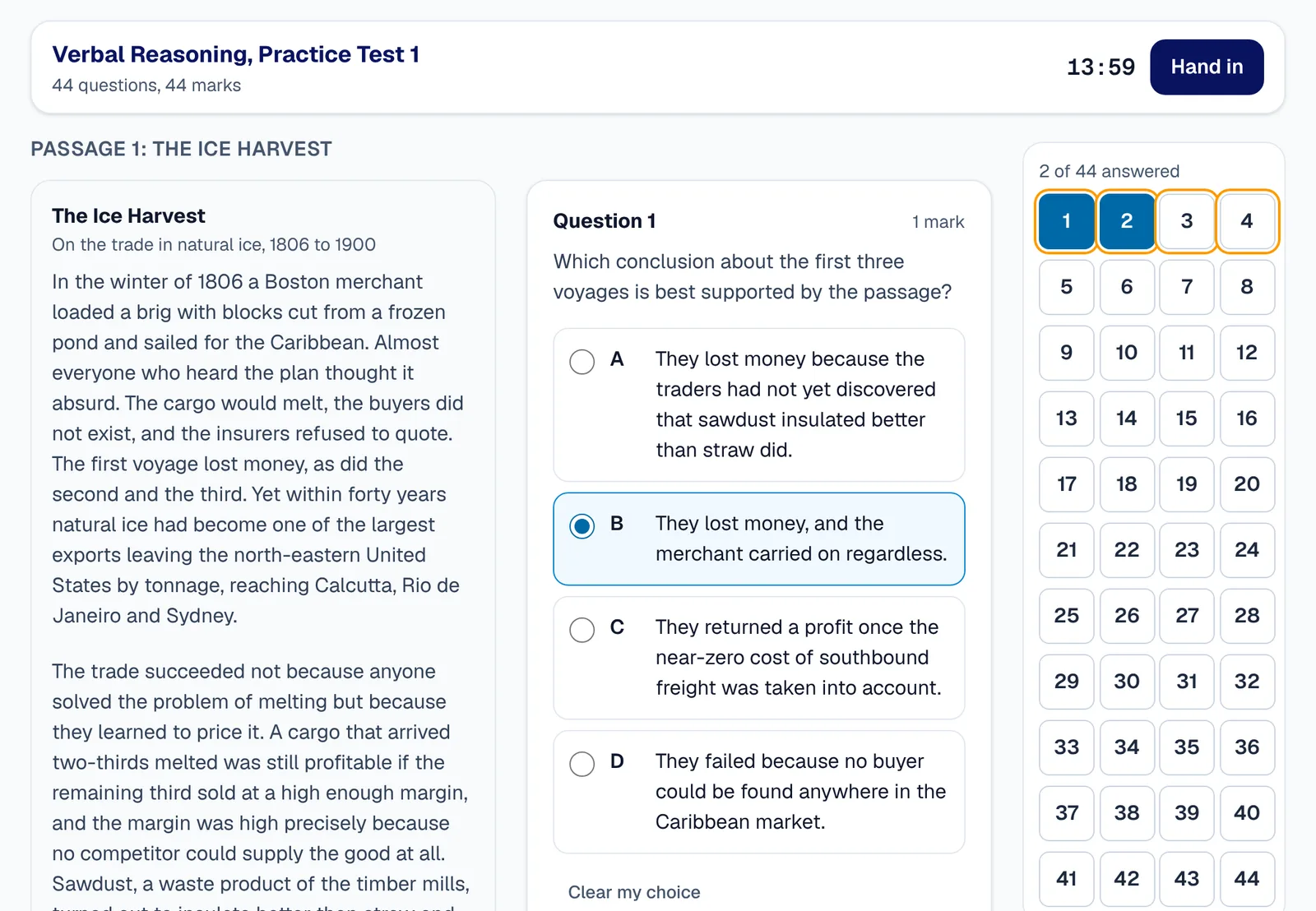 A Verbal Reasoning passage beside its questions on a tablet.